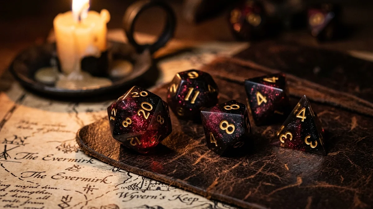 Conjunto de dados poliédricos de rol en resina de obsidiana y rubí sobre mapa de cuero iluminado por velas