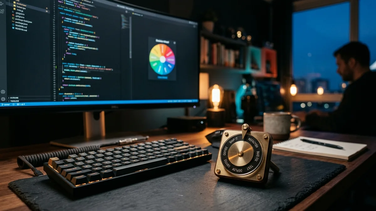Estación de trabajo de desarrollador con dial mecánico de precisión en bronce y monitor mostrando código de integración de ruleta interactiva