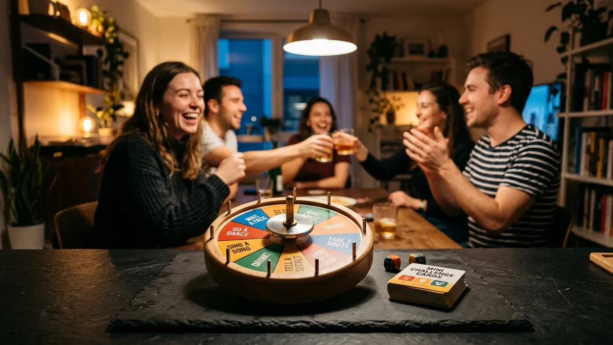 Grupo de amigos riendo y celebrando alrededor de una mesa con una ruleta de castigos y cartas de juego