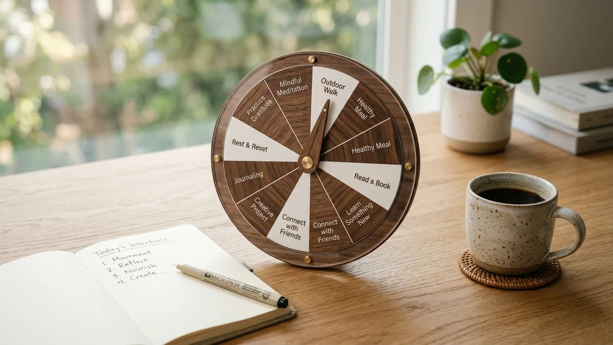 Elegante ruleta de madera de toma de decisiones en un escritorio minimalista iluminado por luz matinal