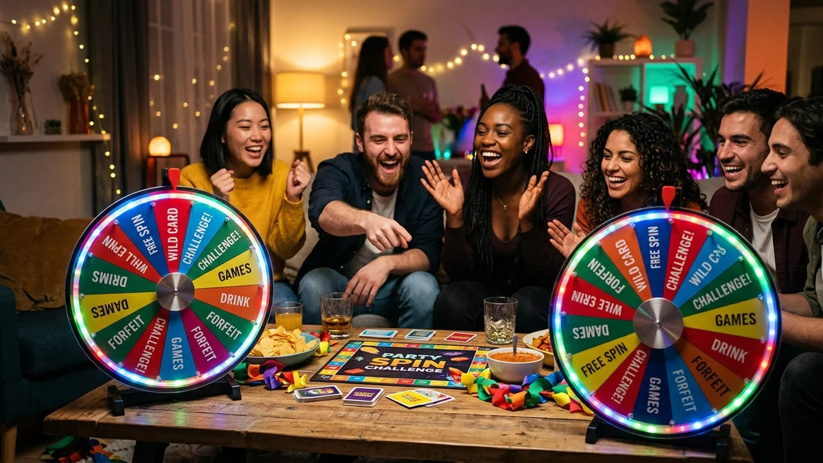 Grupo de amigos riendo alrededor de una mesa de salón jugando con una ruleta de retos iluminada