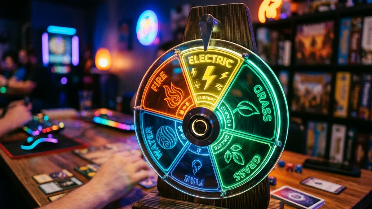 Ruleta de juego con iluminación de neón dividida en sectores elementales como Fuego, Agua, Planta y Eléctrico