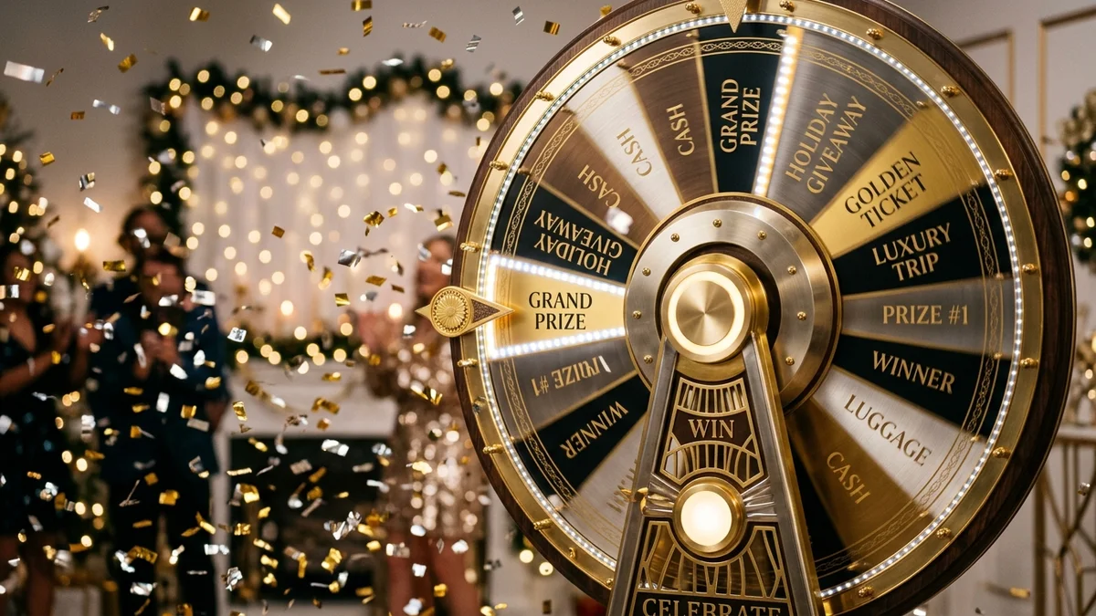 Elegante ruleta dorada de premios girando con confeti brillante flotando alrededor en ambiente festivo