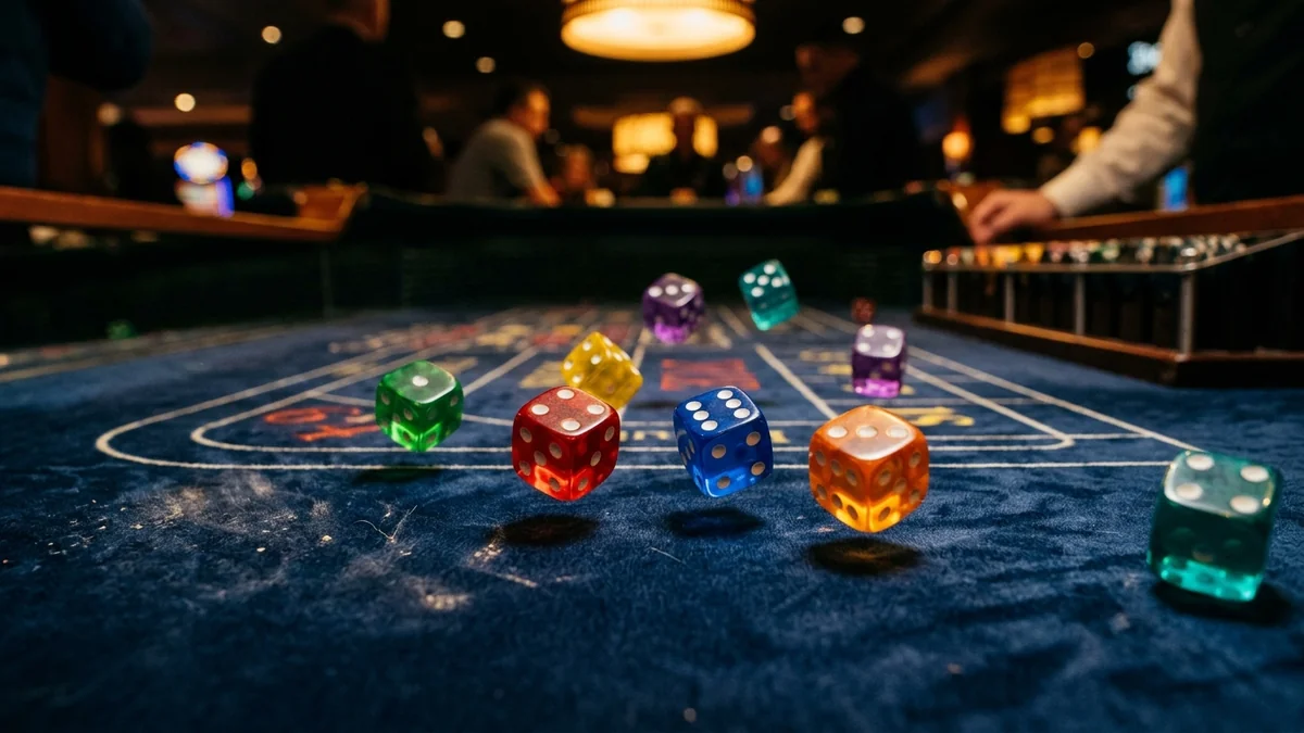 Múltiples dados de colores rodando sobre tapete de terciopelo con iluminación cinematográfica